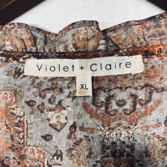 Violet + Claire Blouse Tunic Brown Gray Floral Paisley Fall Balloon Sleeve XL - Picture 4 of 6